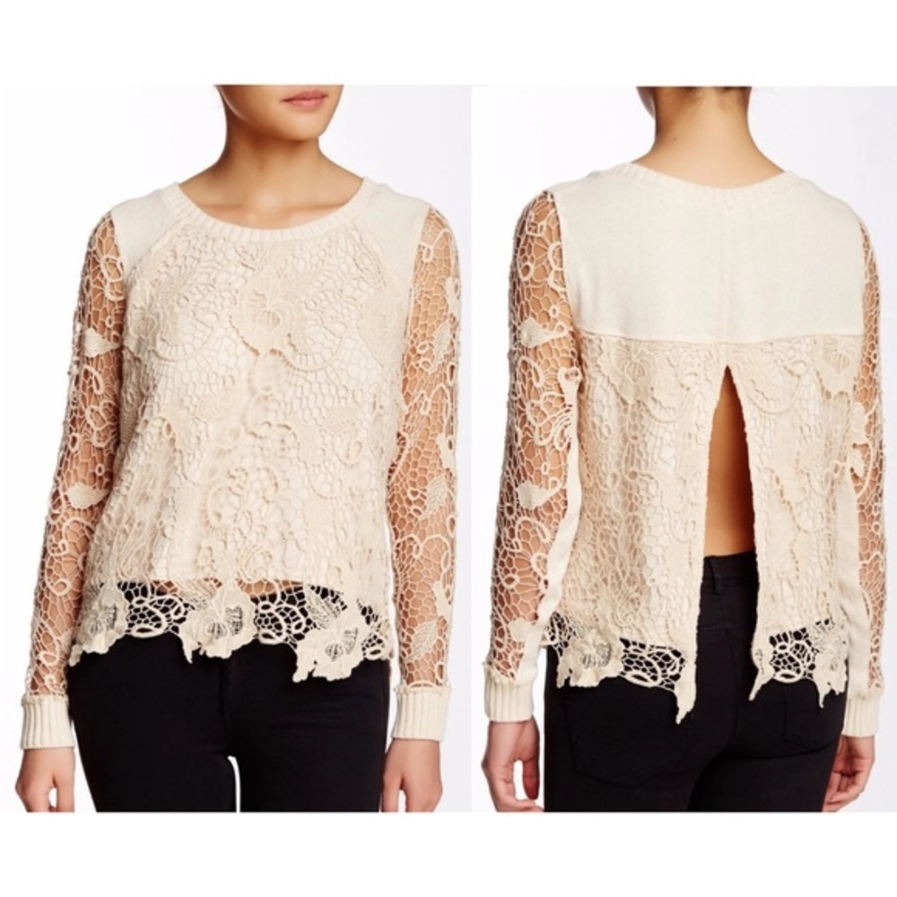 Free People Romantic Champagne Crochet Lace Pretty Rad Split Back Sweater L